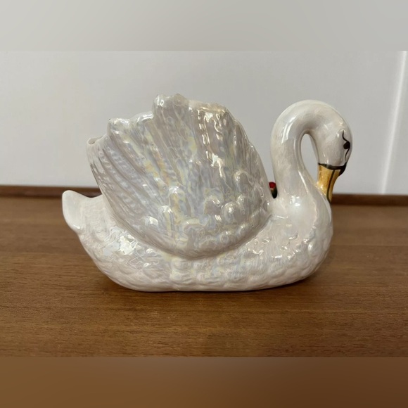 Vintage Swan Planter Dish Enesco 1987 Hand Painted Christmas Ribbon Lusterware - Picture 5 of 12
